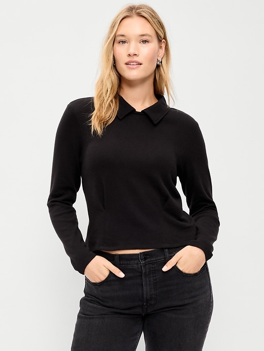 Long-Sleeve Brushed-Jersey Polo Top