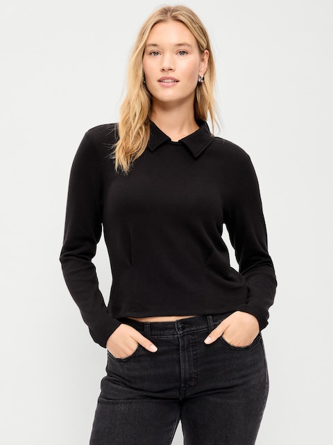 Long-Sleeve Brushed-Jersey Polo Top