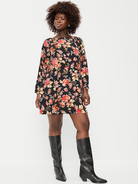 Long-Sleeve Crepe Swing Mini Dress