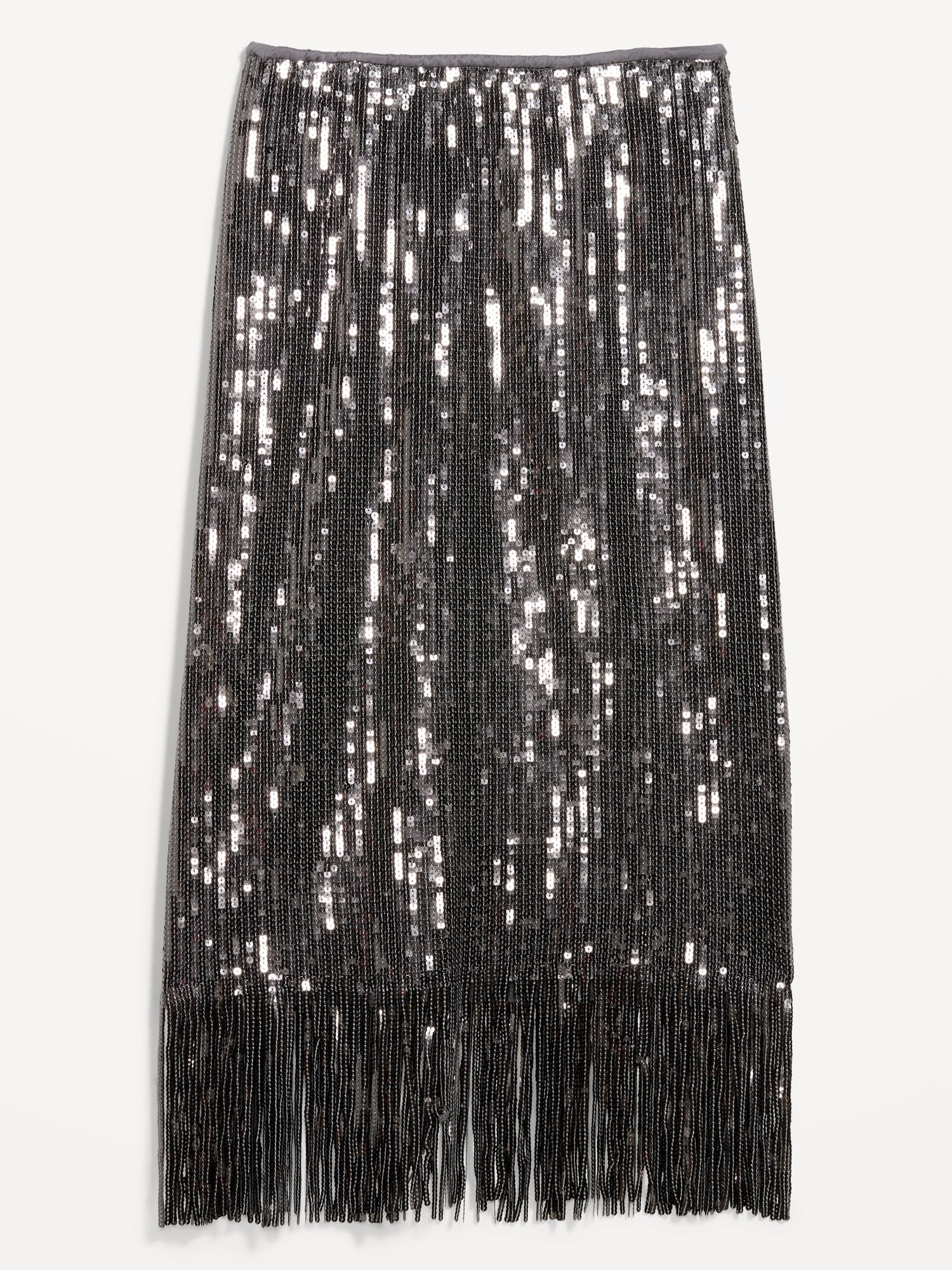 Sequin Fringe-Hem Midi Skirt