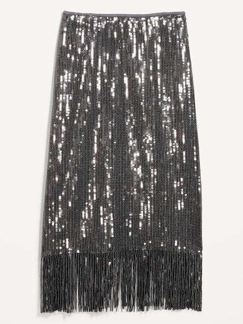 Sequin Fringe-Hem Midi Skirt