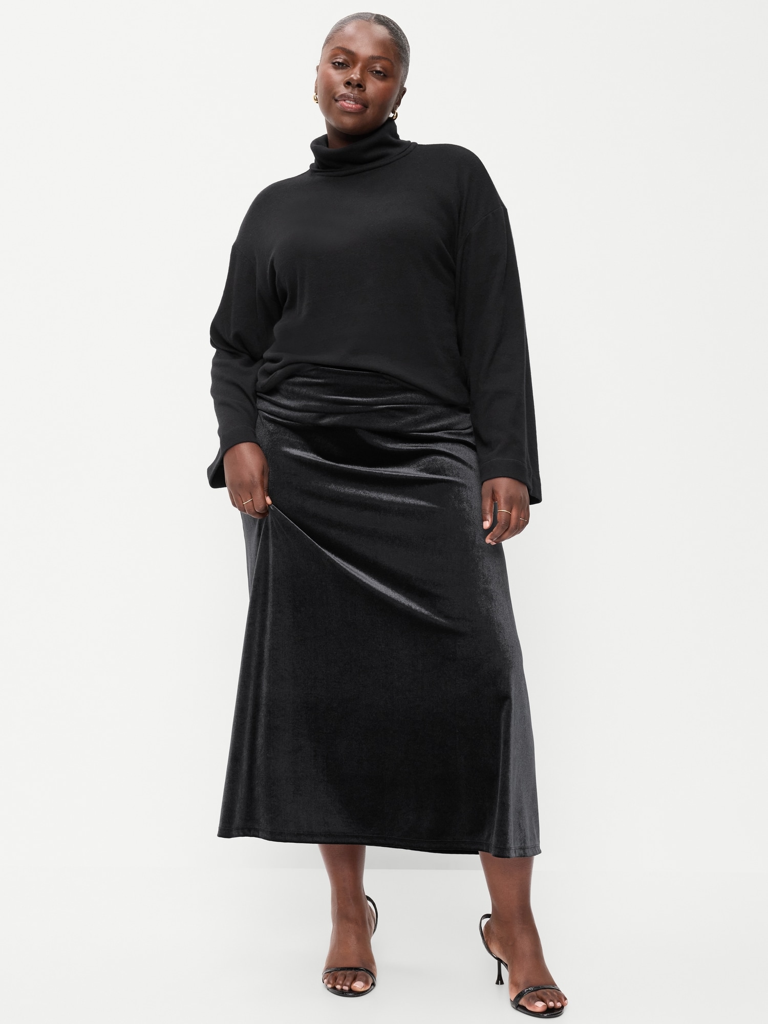 Velvet Mid-Rise Ruched Maxi Skirt