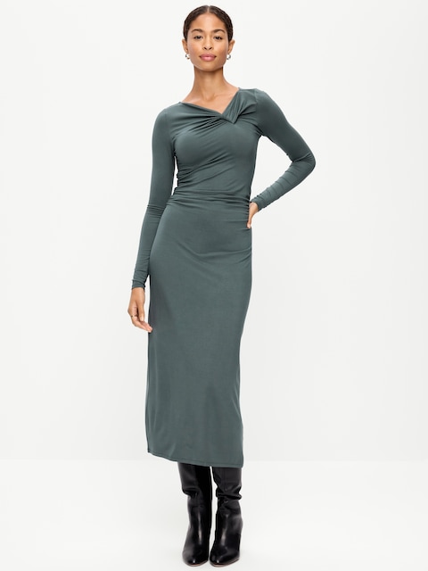 Long-Sleeve Twist-Front Ruched Midi Dress