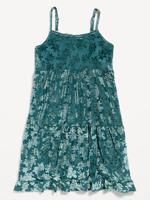 Sleeveless Fit and Flare Floral Velour Dress for Girls