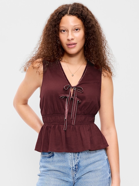 Sleeveless Velvet-Trim Tie-Front Peplum Top