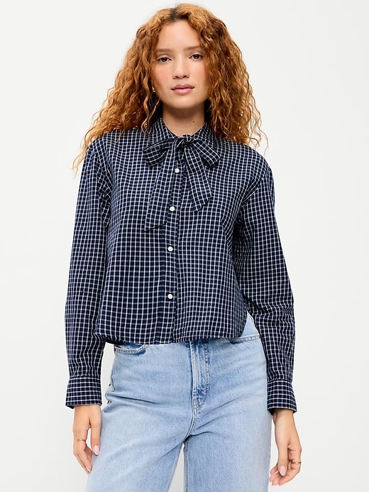 Long-Sleeve Tie-Neck Button-Down Shirt