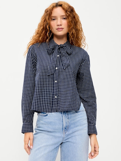 Long-Sleeve Tie-Neck Button-Down Shirt