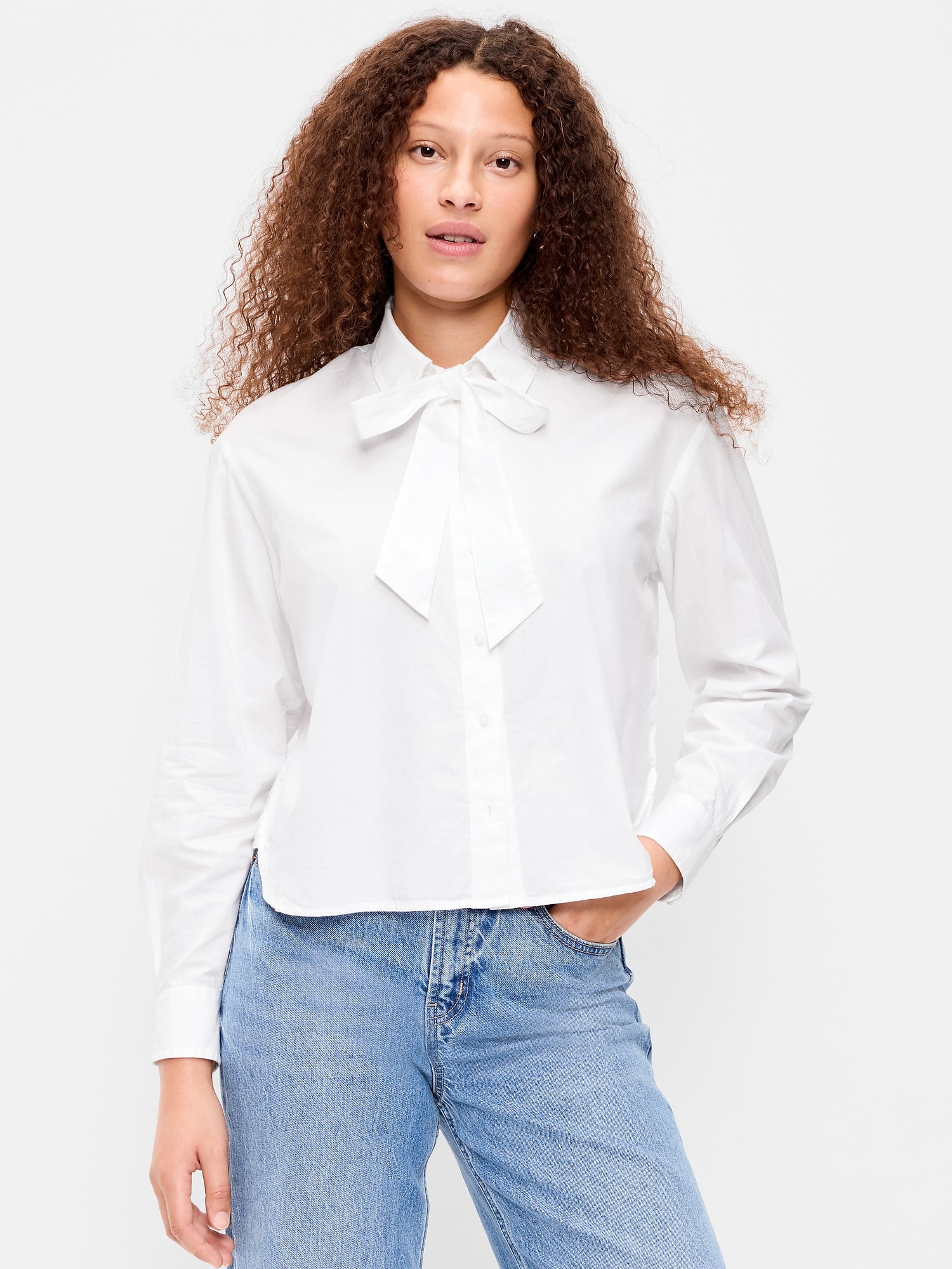 Long-Sleeve Tie-Neck Button-Down Shirt
