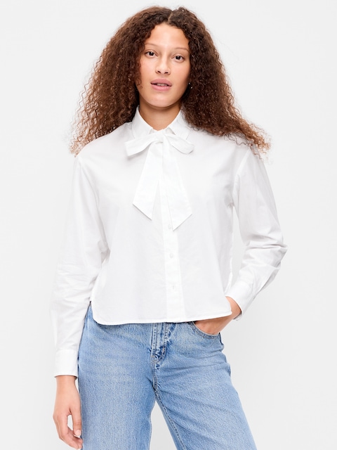 Long-Sleeve Tie-Neck Button-Down Shirt