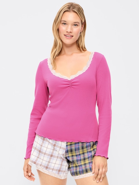 Long-Sleeve Lace Trim T-Shirt