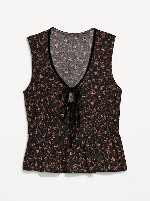 Sleeveless Velvet-Trimmed Tie-Front Peplum Top