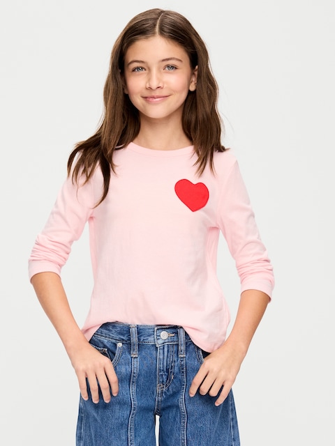 Softest Long-Sleeve Heart-Patch T-Shirt for Girls