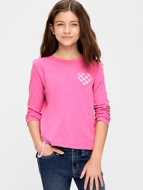 Softest Long-Sleeve Heart-Patch T-Shirt for Girls