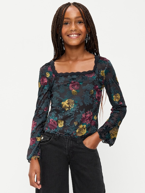 Long-Sleeve Floral Velour Top for Girls