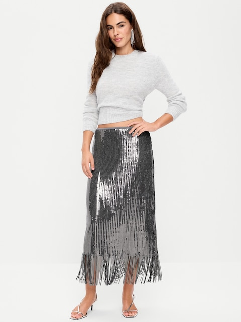 Sequin Fringe-Hem Midi Skirt