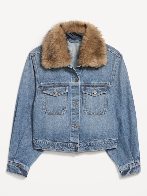 Faux-Fur Collar Cropped Denim Trucker Jacket